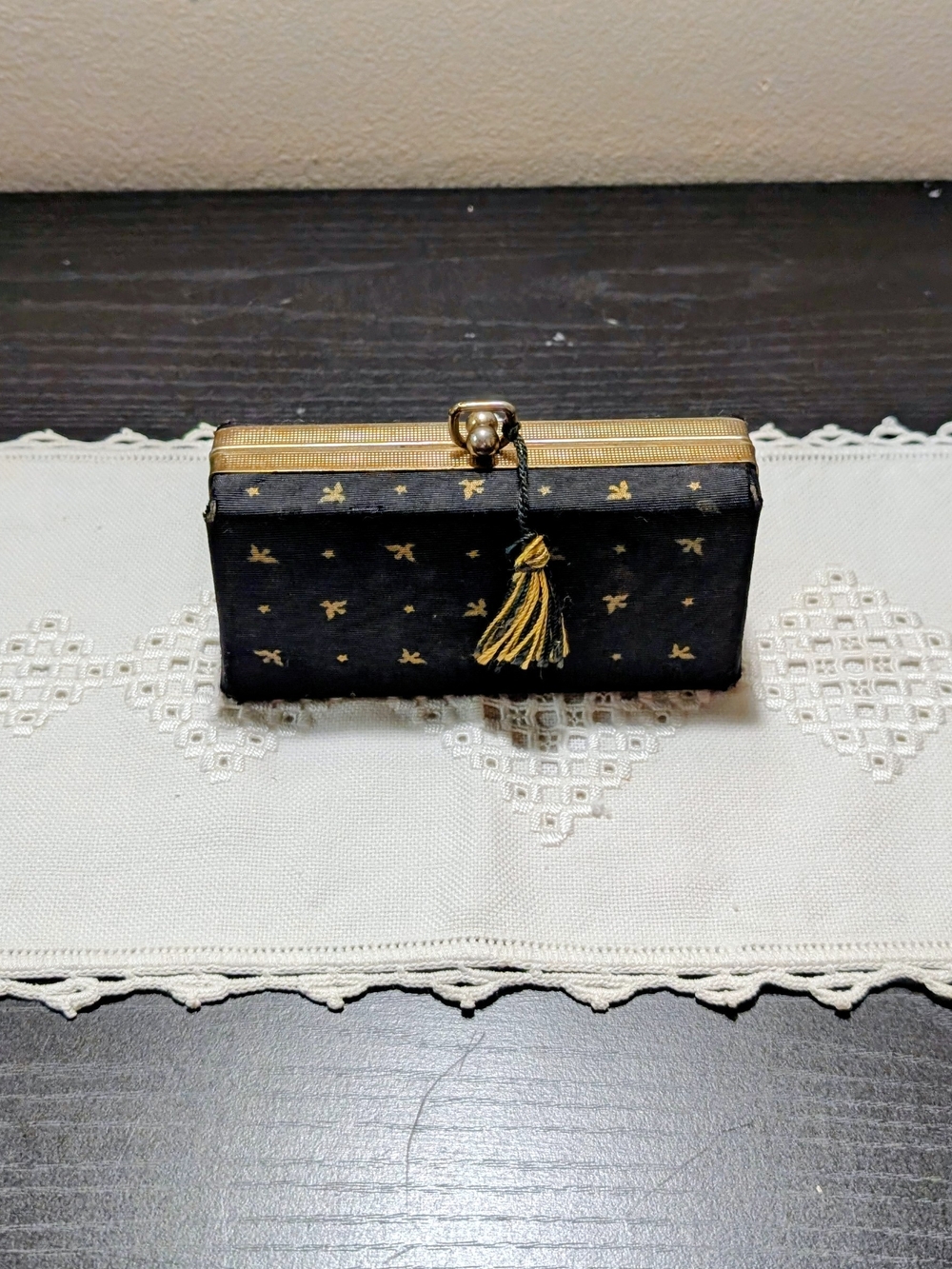 1960's Belding Corticelli Black and Gold Sewing Kit/Evening Clutch with Tassel